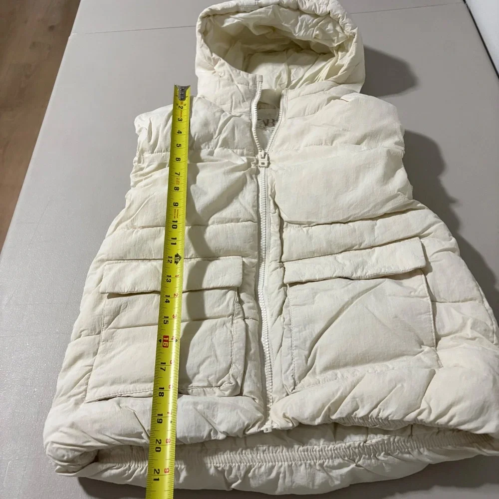 Zara Kids Hooded Puffer Vest Cream Off-White Full Zip Pockets Sz 8-9 Years 130